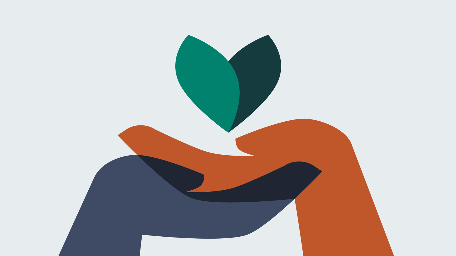 An illustration of two hands, one dark blue, the other burnt orange, lifting up a green leaf symbol.